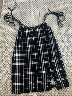 SHEIN Black and White Plaid Tie-Shoulder Mini Dress